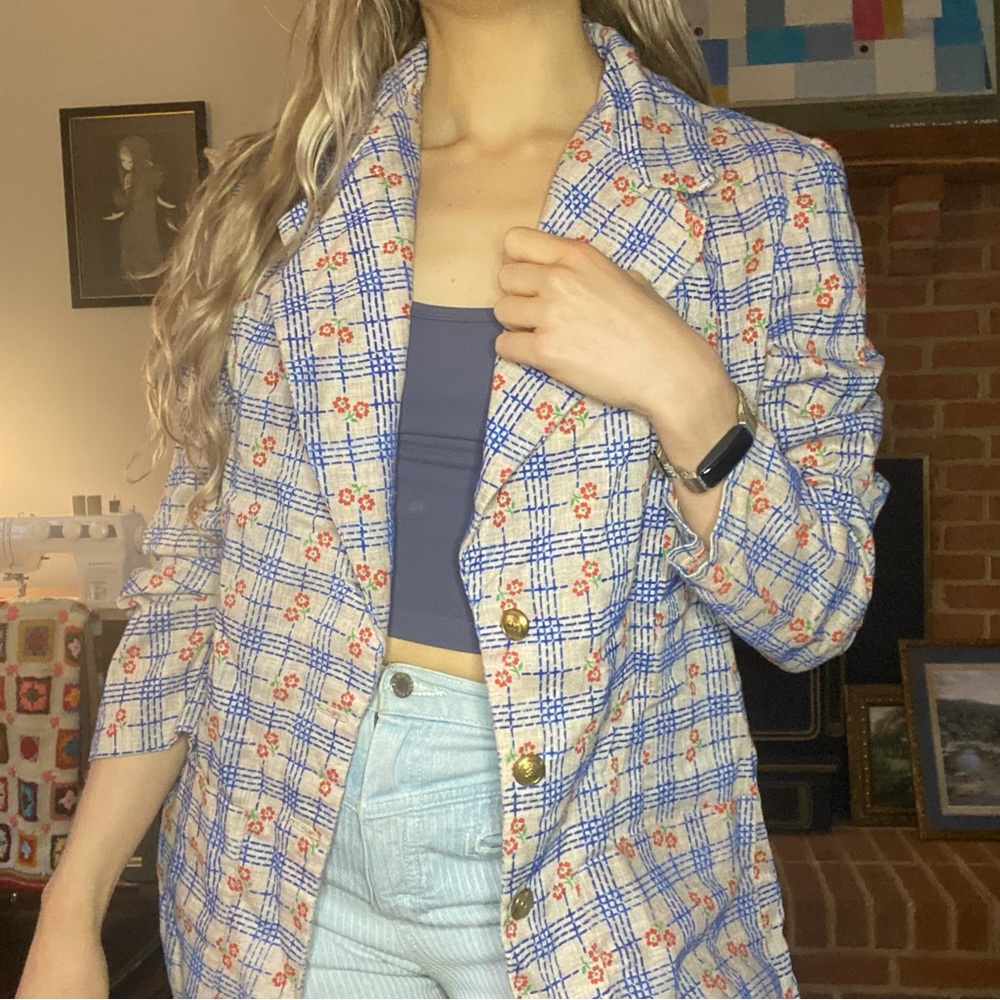 Vintage 1970s Daisy Floral Plaid 3 Button Statement Blazer Oversized Han… - Picture 4 of 15